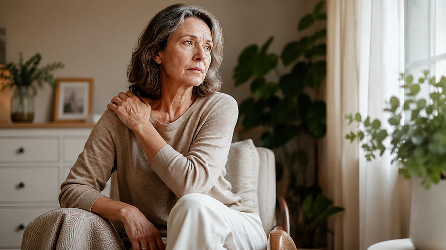 Woman Rubbing Shoulder Gazing Out a Window